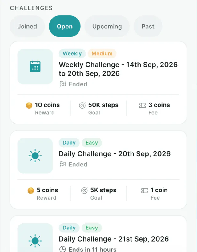 Challenge cards in Buzz Zone, each showing its reward in coins, its step goal and its entry fee.