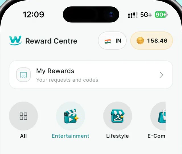 The top of the Reward Centre screen: the WB Coin balance, My Rewards, and reward categories.