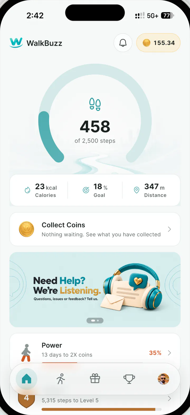 The WalkBuzz Home screen: today's steps against the daily goal, coins waiting to collect, Power and level progress.
