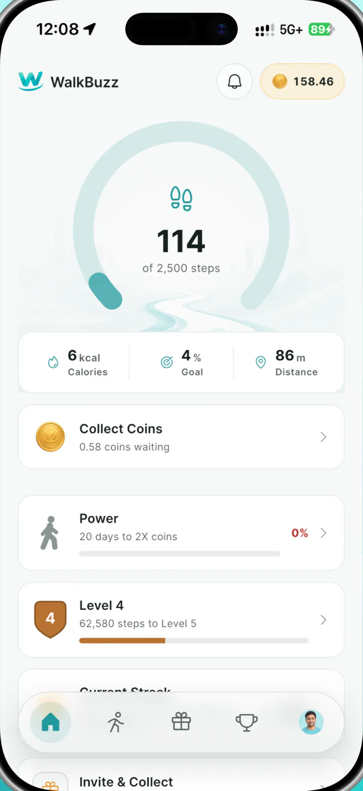 The WalkBuzz Home screen showing steps against a daily goal, with calorie and distance estimates.