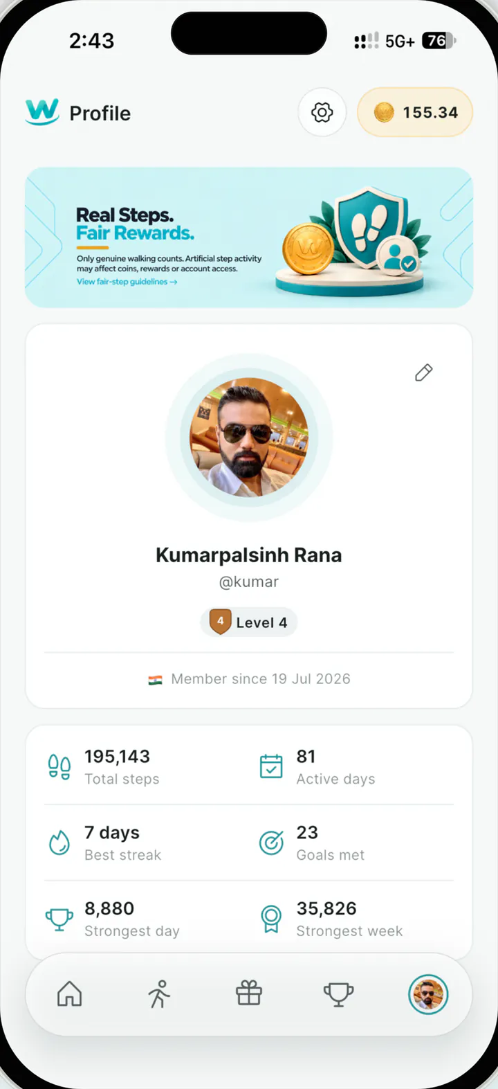 A demo WalkBuzz profile showing total steps, active days, best streak, goals met and personal bests.