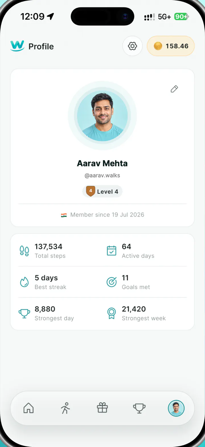 A demo WalkBuzz profile showing best streak, goals met, active days and personal bests.